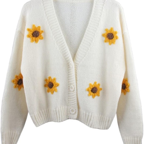 Sweaters - Sunflower Embroidered White Cardigan Sweater